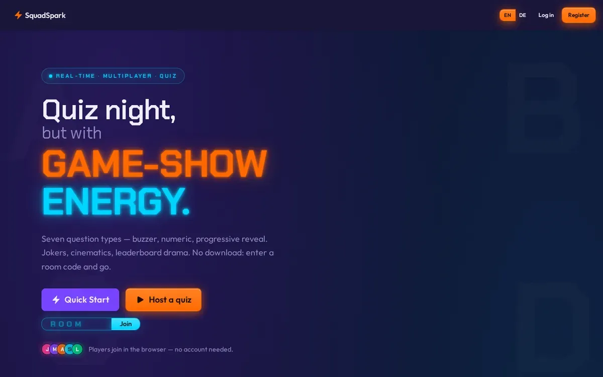 Screenshot of the Squad Spark start page: the headline 'Quiz night, but with game-show energy' with Quick Start, Host a quiz and room-code join controls.
